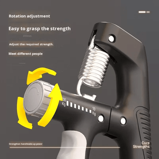 Hand grip strengthener with rotation adjustment mechanism on a dark background