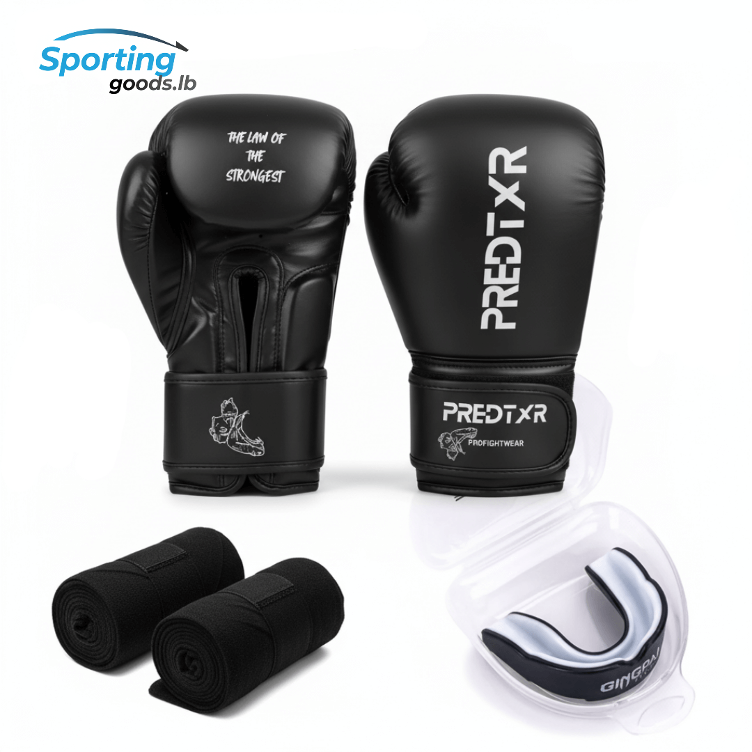 14 oz Black boxing gloves, two black wraps, and a mouthguard on a white background.