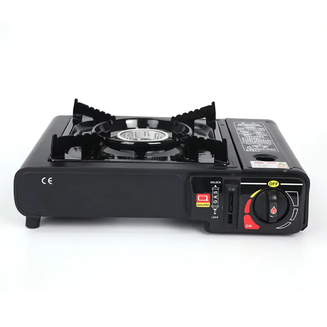 Black portable gas stove on a white background