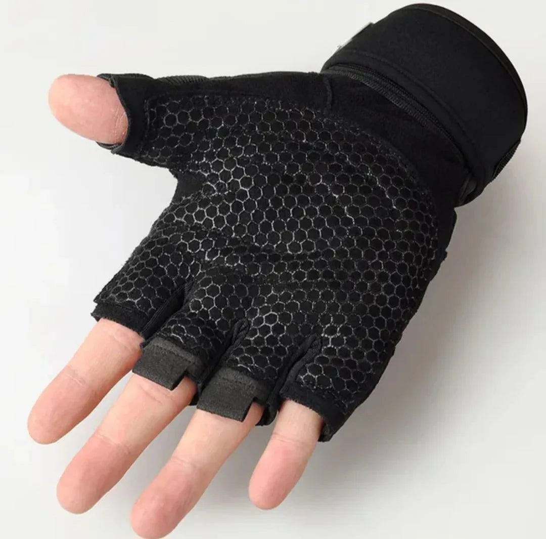 Black half-finger glove with honeycomb pattern on a white background