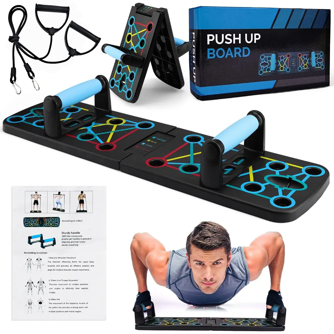 Push-up board with resistance bands and packaging on a white background