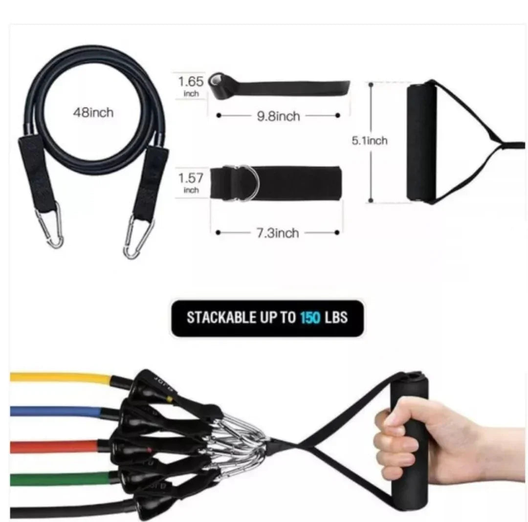 11 pcs resistance bands set with 5 different levels , handles , ankle straps , and door anchor