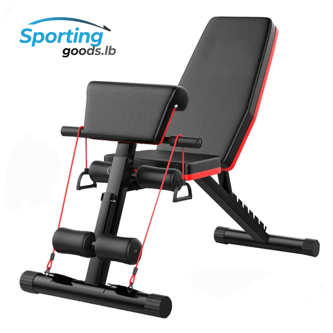 Weight bench suitable for both home and gym use , with resistance bands and leg support, as well as a pad for bicep curls