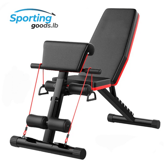 Weight bench suitable for both home and gym use , with resistance bands and leg support, as well as a pad for bicep curls