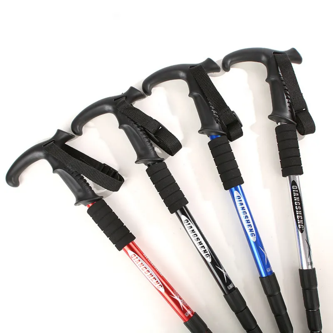 Adjustable hiking poles with different color handles on a white background