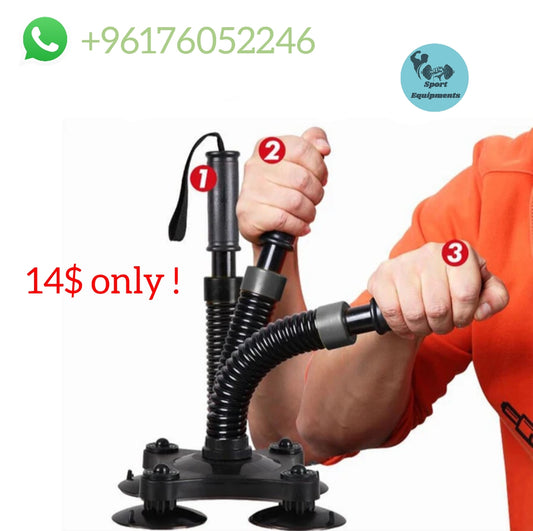 An arm wrestling trainer with a 90-degree bent angle, featuring a black body with suction cups at the base and a flexible hose connecting to a handle.