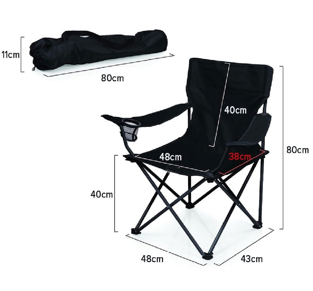 Black folding chair with dimensions on a white background
