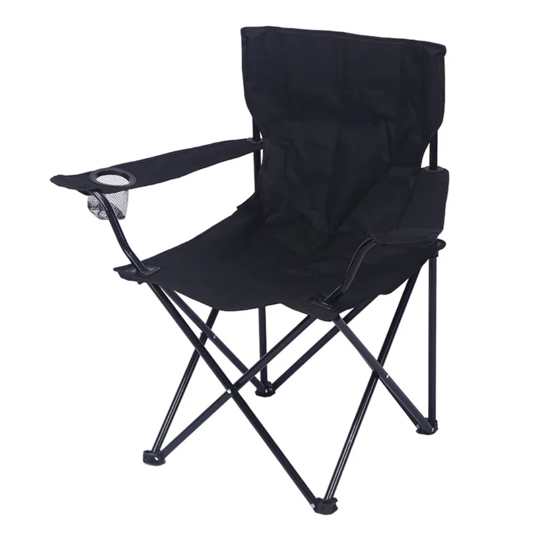 Black folding chair with cup holder on a white background