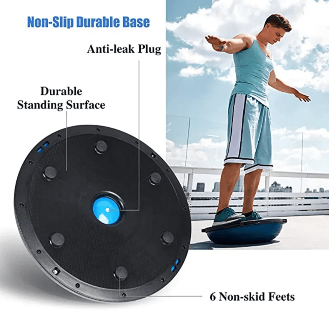 Bosu Balance Trainer with features highlighted and a person using it outdoors.