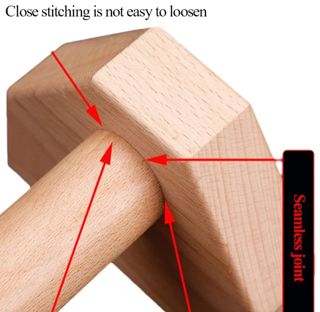 Wooden hexagonal block with close stitching labeled as 'Seamless joint' on a white background.