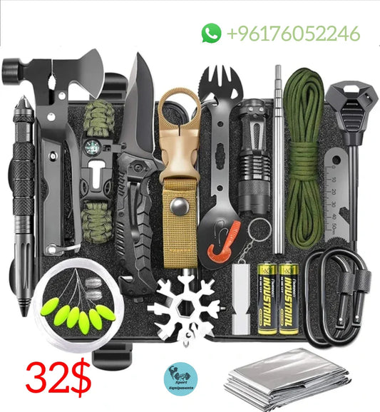 An array of emergency tools and equipment laid out, including a multi-tool, knife, flashlight, whistle, spoon, spork, tactical pen, and more.