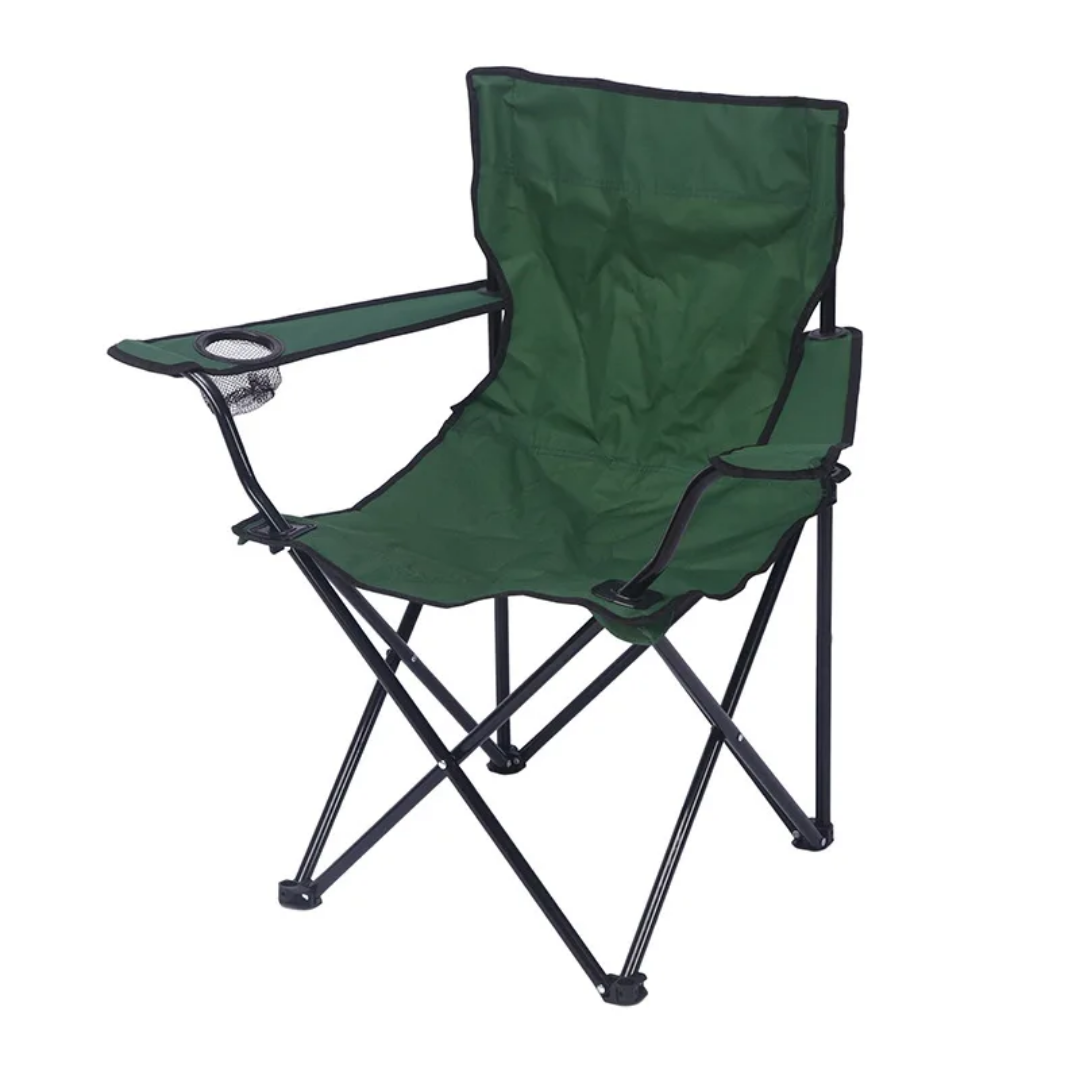 Green folding chair with armrests on a white background