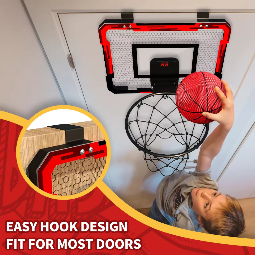 Child playing with a mini basketball hoop attached to a door, with a close-up of the hook design.