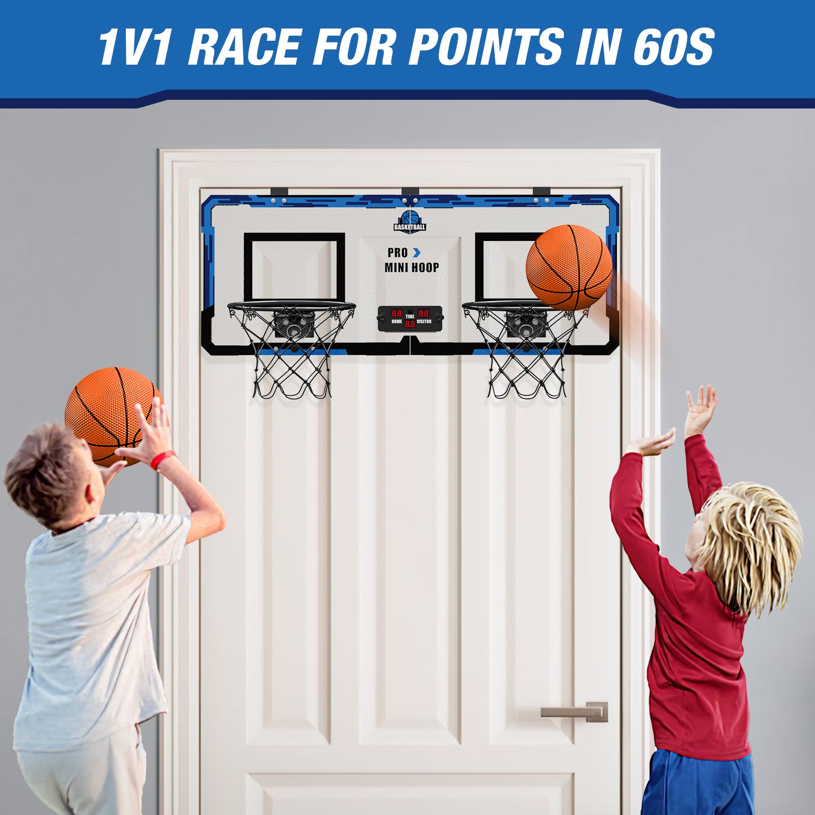 Two children playing basketball with a door-mounted mini hoop setup.