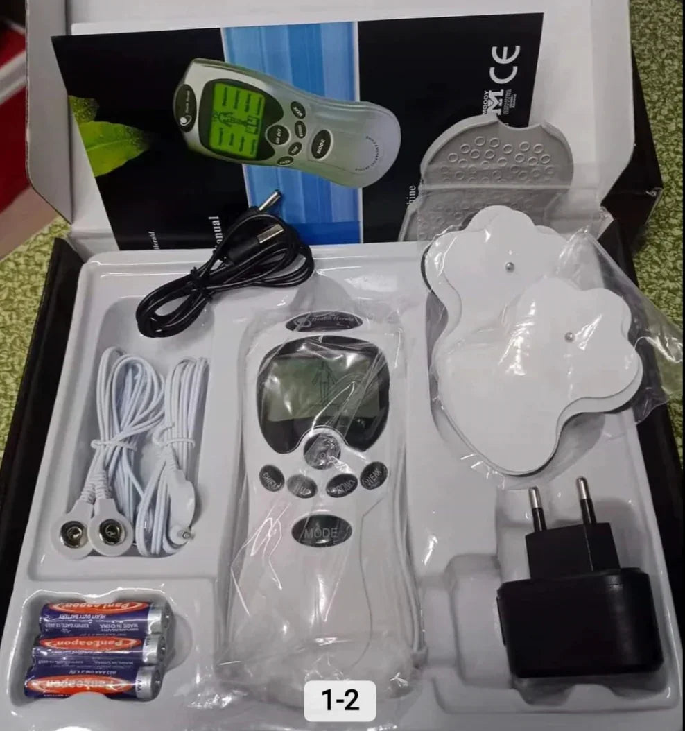 Electrotherapy device set with controller, leads, batteries, and plug in packaging