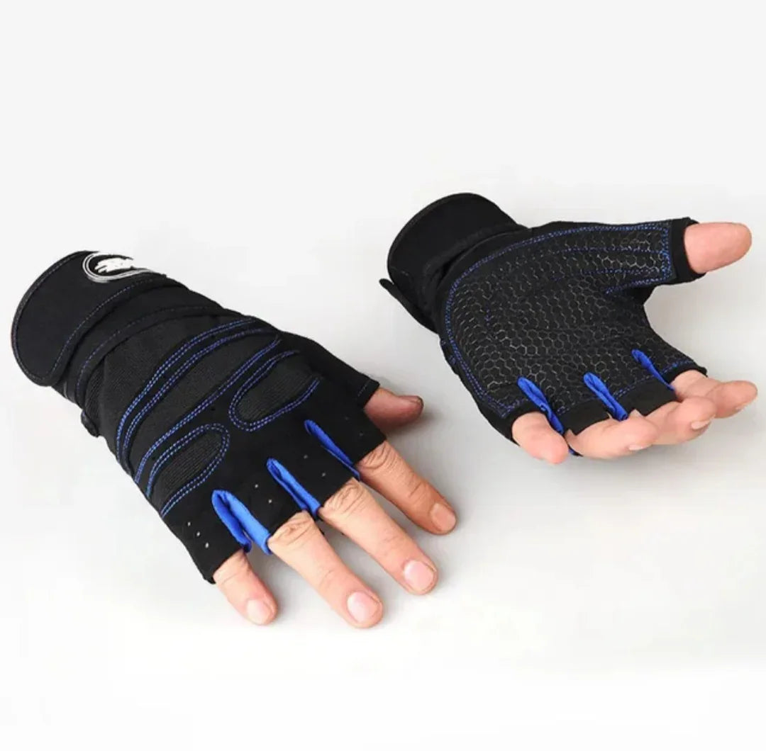 Black and blue half-finger gloves for weight lifting