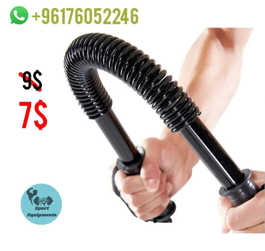 A person exercising with a black flexible arm strengthen bar, also known as a power twister.
