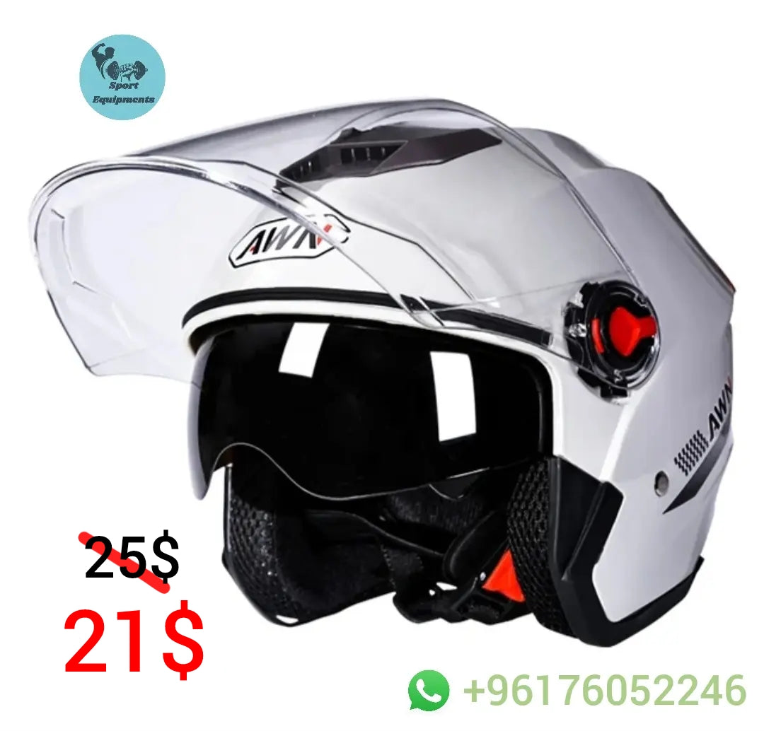 3/4 view of a white motorcycle helmet with a clear visor, ventilation holes, and an adjustable strap.