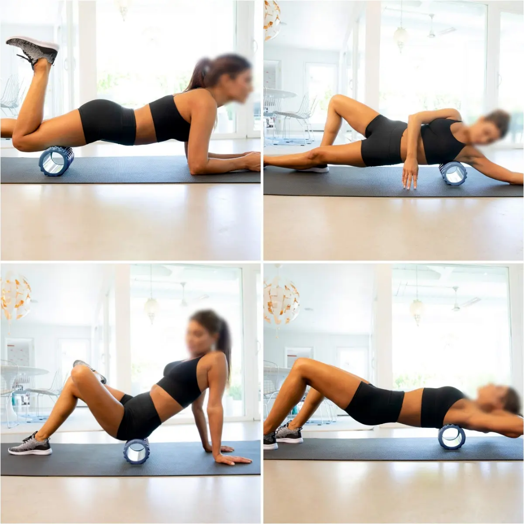 Woman using a foam roller for self-massage in a bright room.