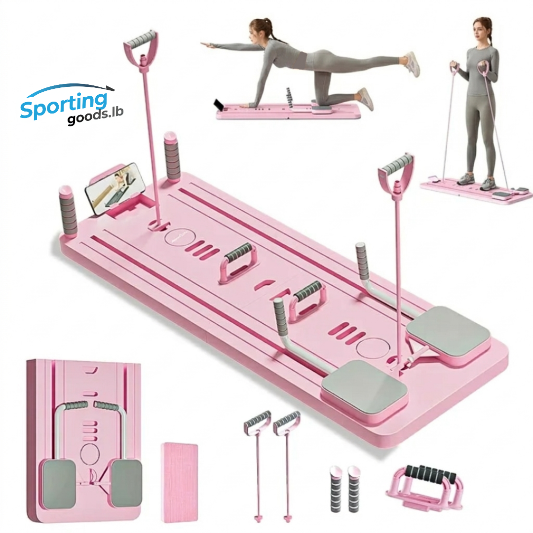 Portable pilates reformer board with resistance bands and kneepad