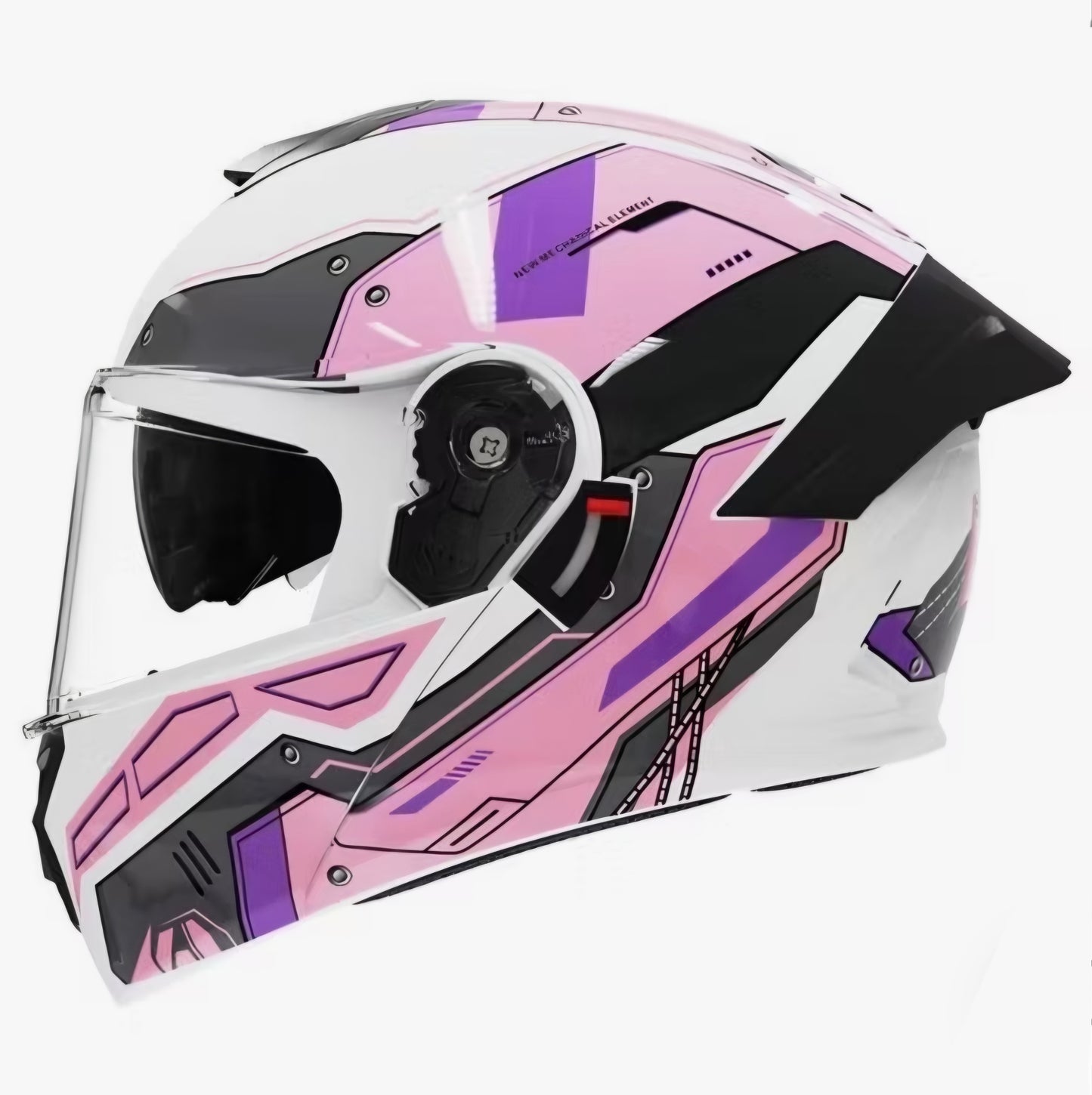 Pink and white motorcycle helmet with black and purple accents on a white background