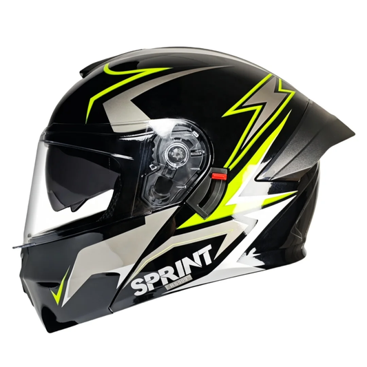 Full face motorcycle helmet with clear and black visor