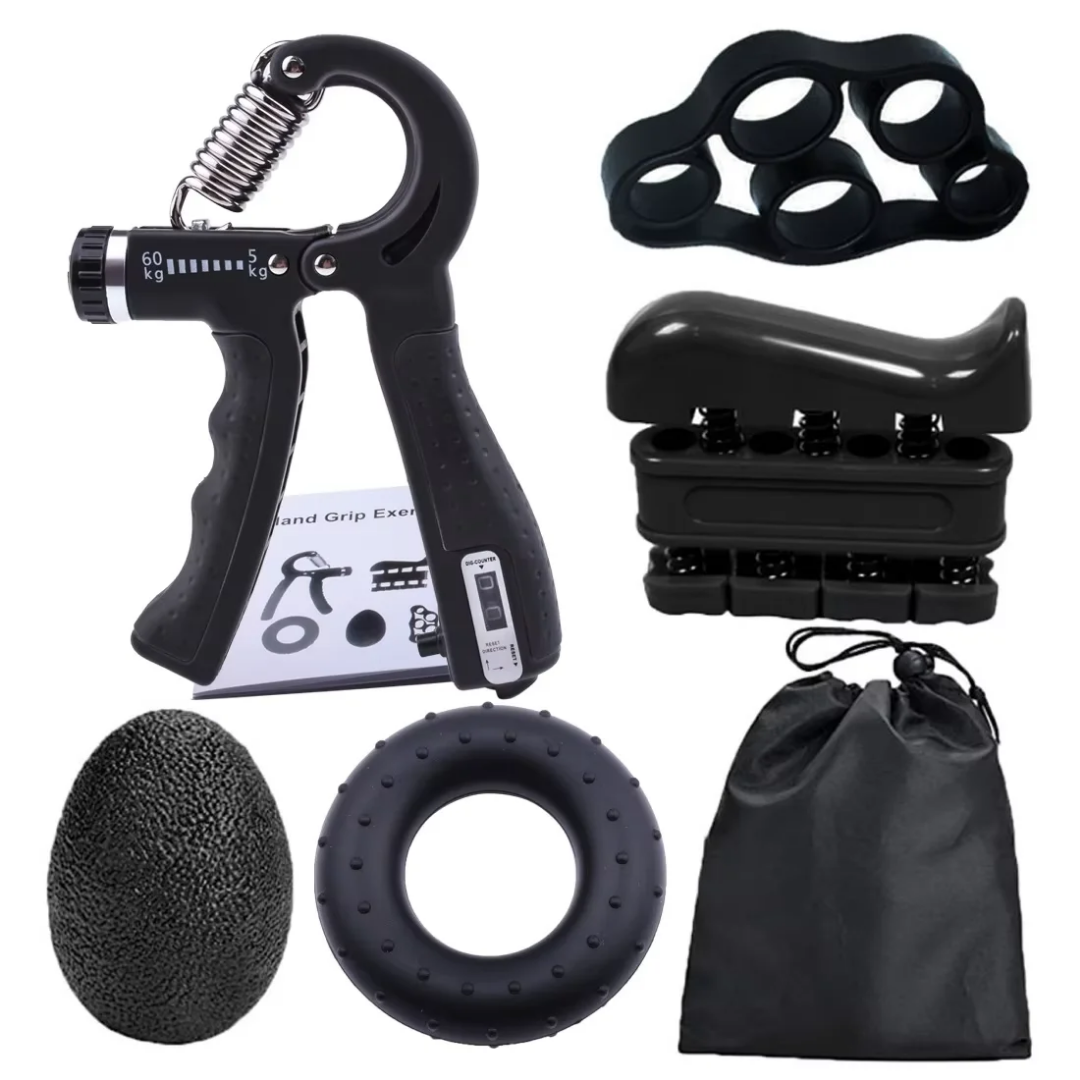 Collection of black hand grip exercise tools