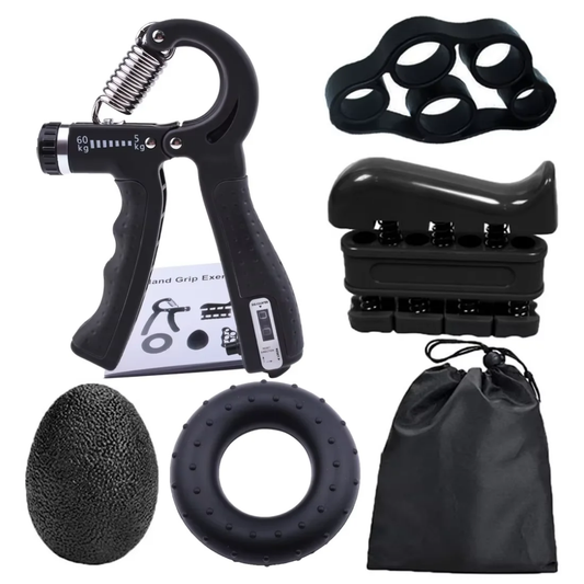 Collection of black hand grip exercise tools
