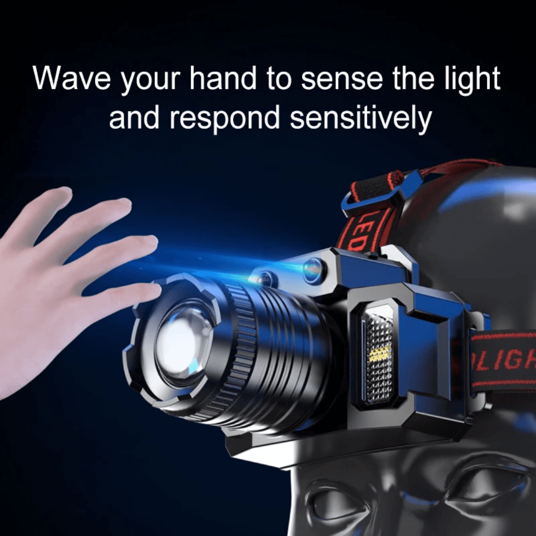Headlamp with hand wave detection feature on a dark background