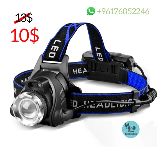 LED headlight with a black and blue strap, featuring a zoomable lens and branding on the front.