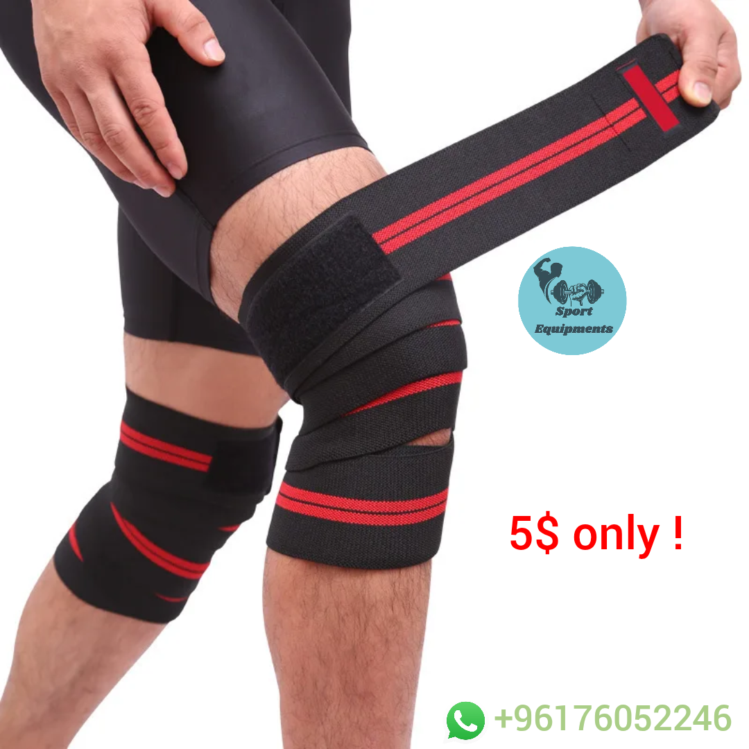 black knee wraps with red stripes on a white background, with promotional text and contact information.