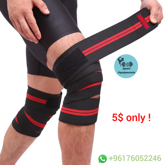 black knee wraps with red stripes on a white background, with promotional text and contact information.