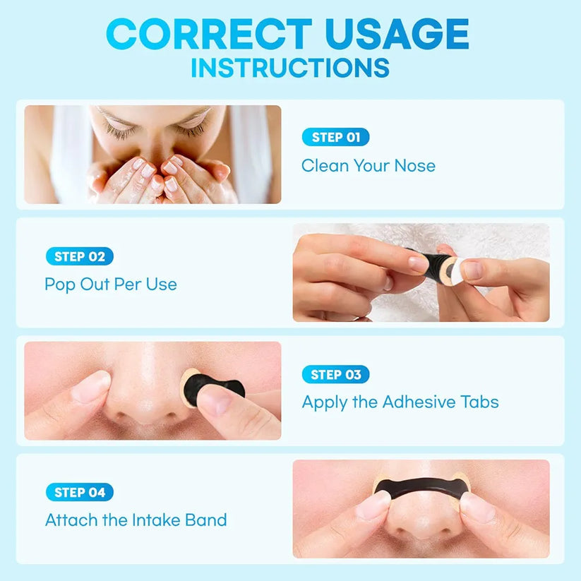 Correct usage instructions for a nasal device on a light blue background