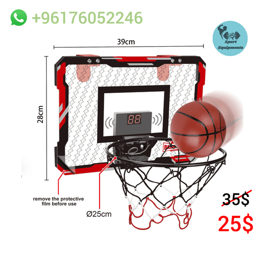 Mini basketball hoop with digital scoreboard and basketball, showing dimensions and price.