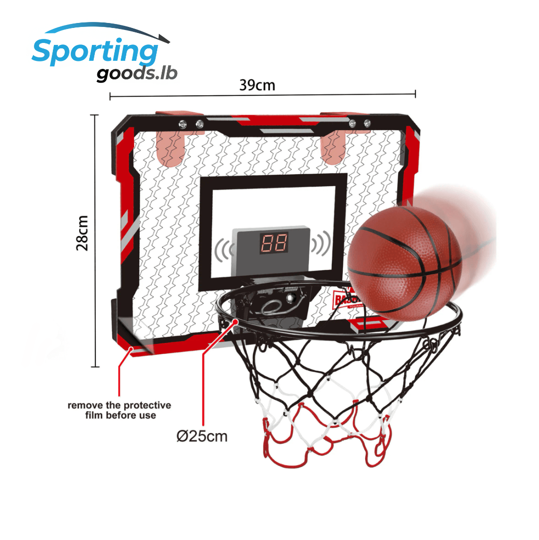 Mini basketball hoop with digital scoreboard and basketball, showing dimensions and price.