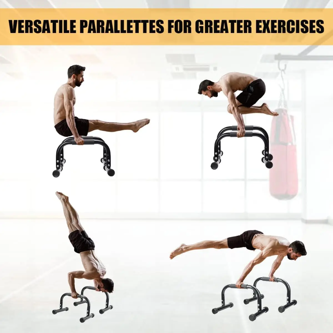 Man using a set of parallel bars for various exercises with text 'Versatile Parallettes for Greater Exercises'.