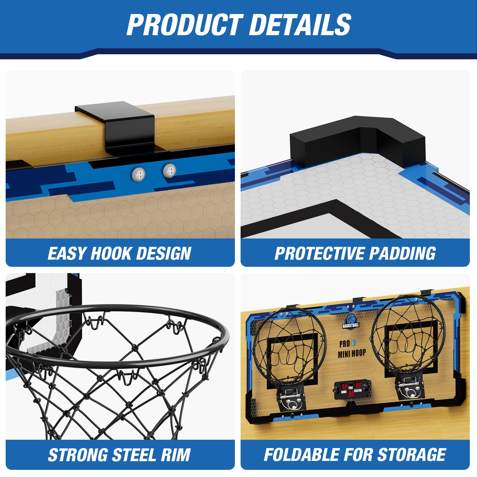 Product details of a mini basketball hoop with features like easy hook design, protective padding, strong steel rim, and foldable storage.