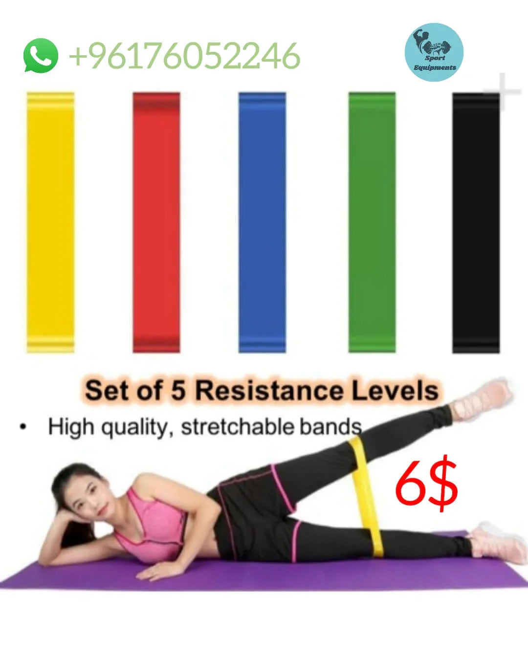 Set of 5 resistance bands in various colors with a woman using it.
