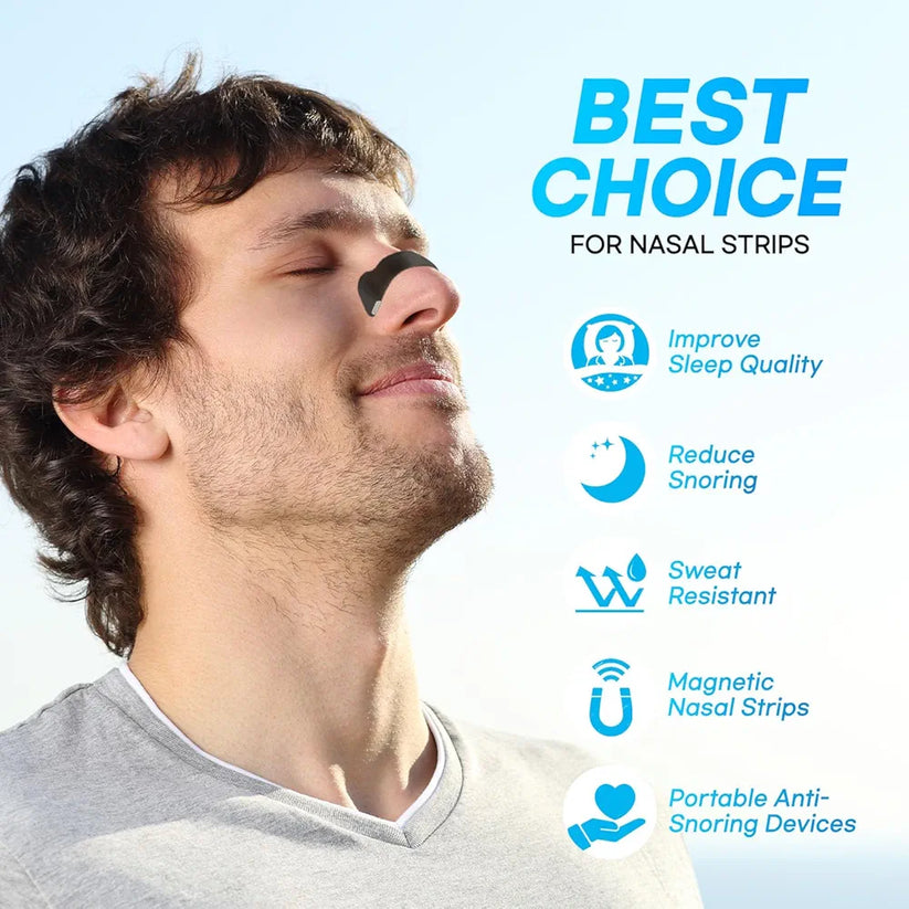 Man wearing a nasal strip with text highlighting features on a light blue background