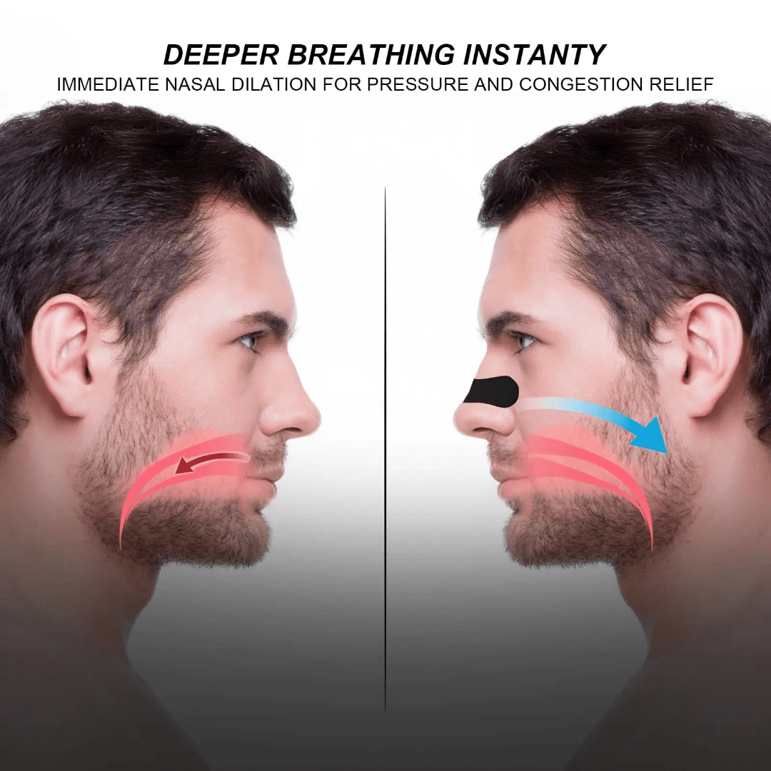 Comparison of a person's face with and without a nasal strip to demonstrate breathing improvement.