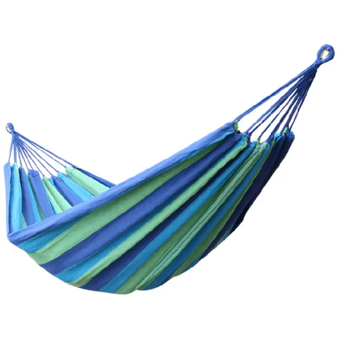 Blue and green striped hammock on a white background