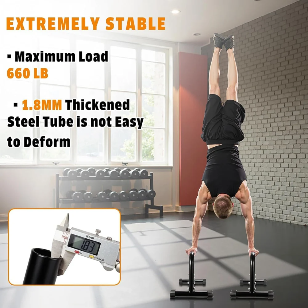 Person doing a handstand on a parallel bars with text about its stability and load capacity.