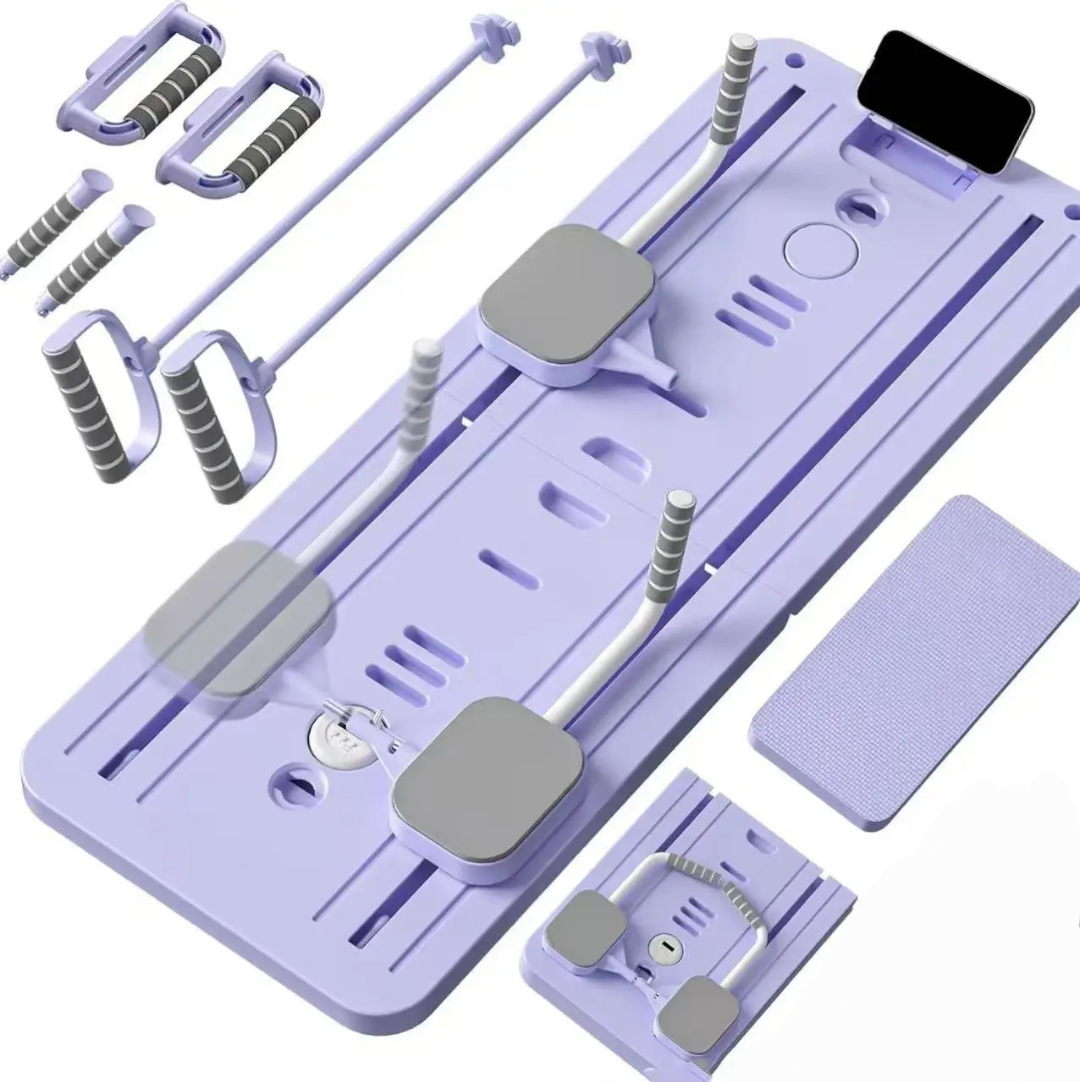 Pilates reformer board for home workout with its accessories