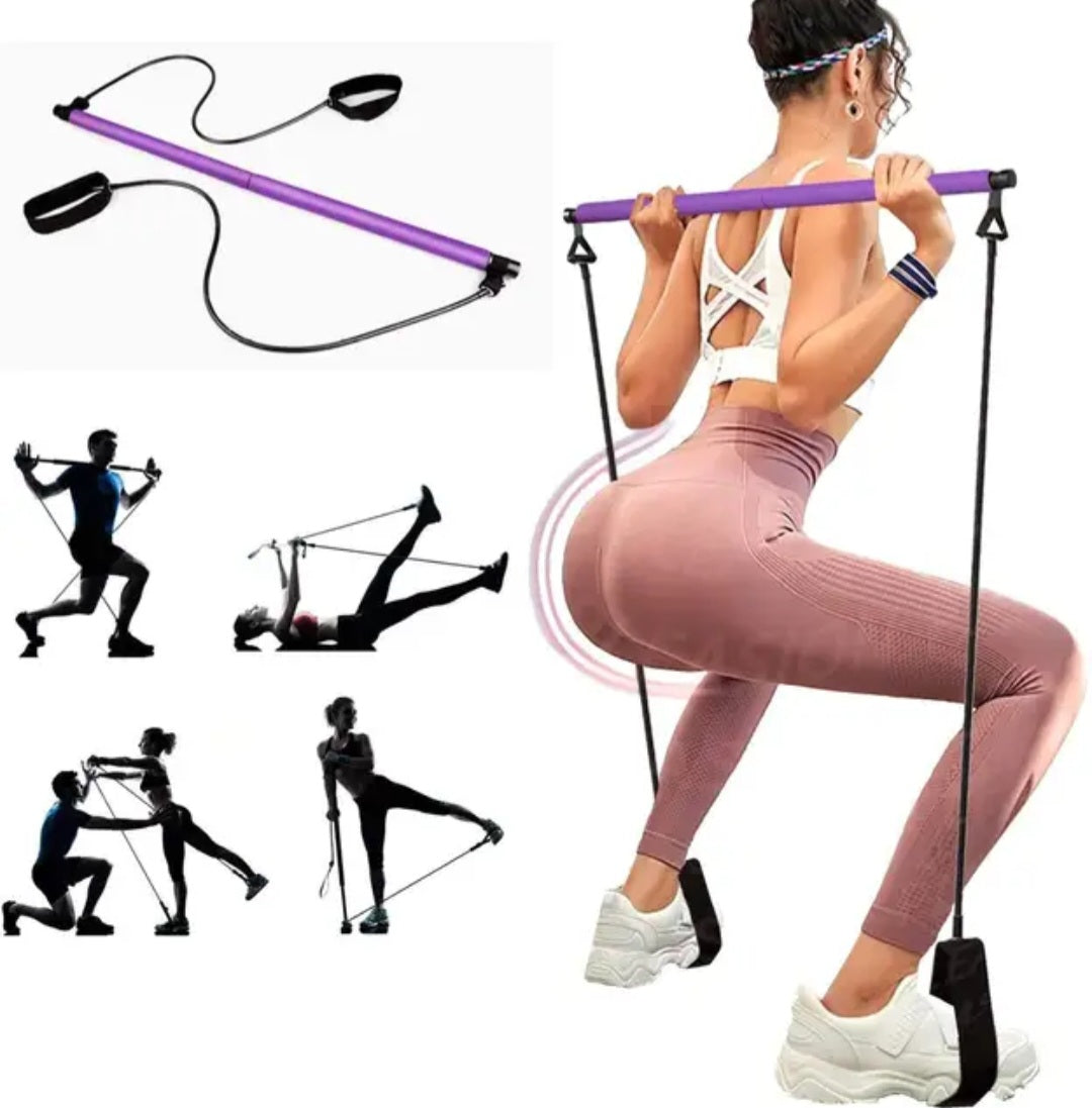 Portable pilates bar kit with resistance bands and foot straps