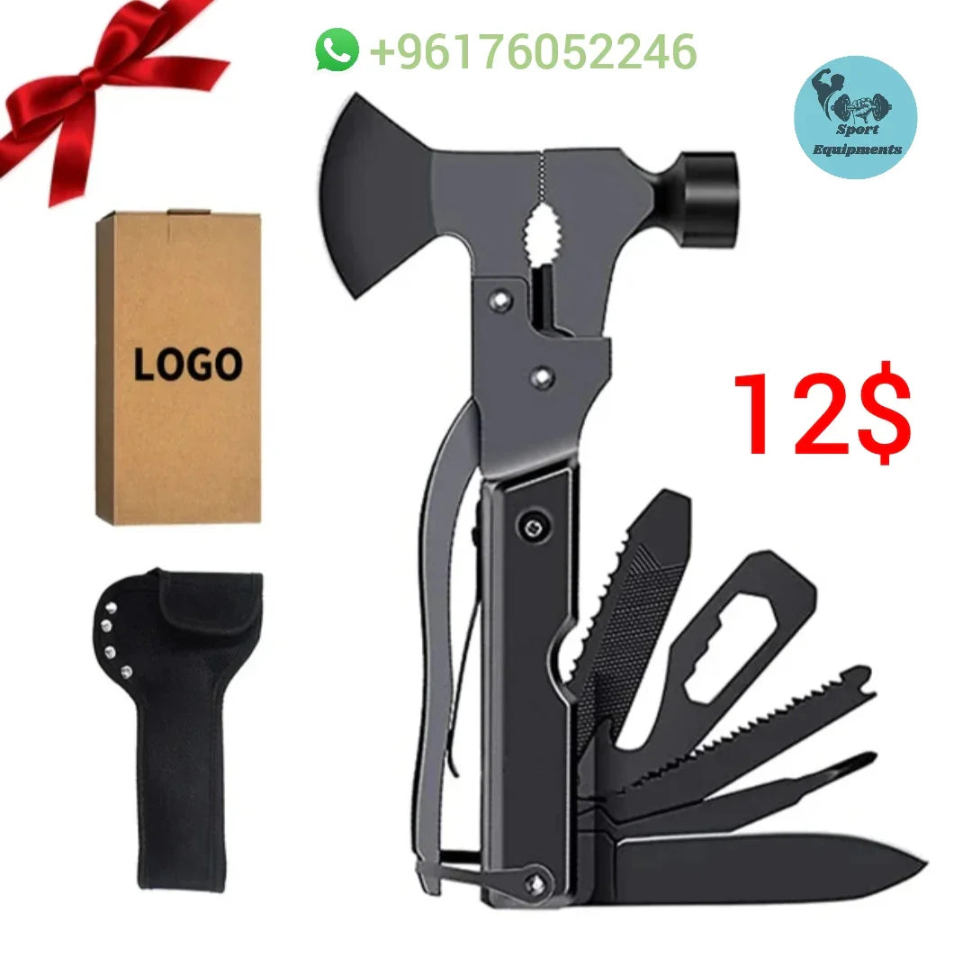 A black stainless steel multitool with various implements such as an axe, hammer, plier, knife, saw, and bottle opener, displayed along side with its bag that can be hanged on a belt