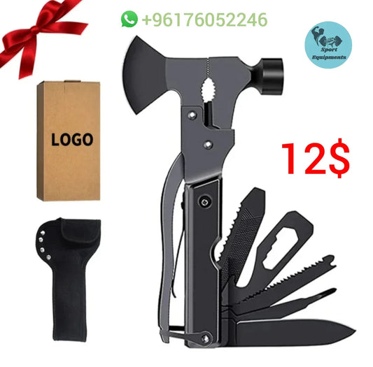 A black stainless steel multitool with various implements such as an axe, hammer, plier, knife, saw, and bottle opener, displayed along side with its bag that can be hanged on a belt