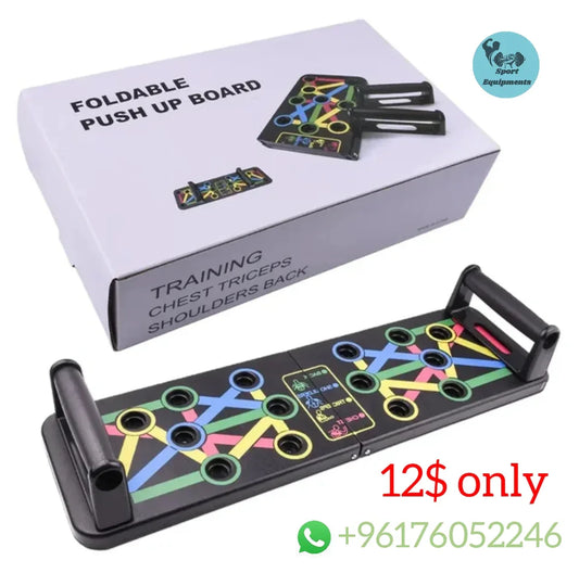 A foldable multicolored push-up board with a black plastic body, designed for targeting various muscle groups. The board is displayed alongside its packaging box.