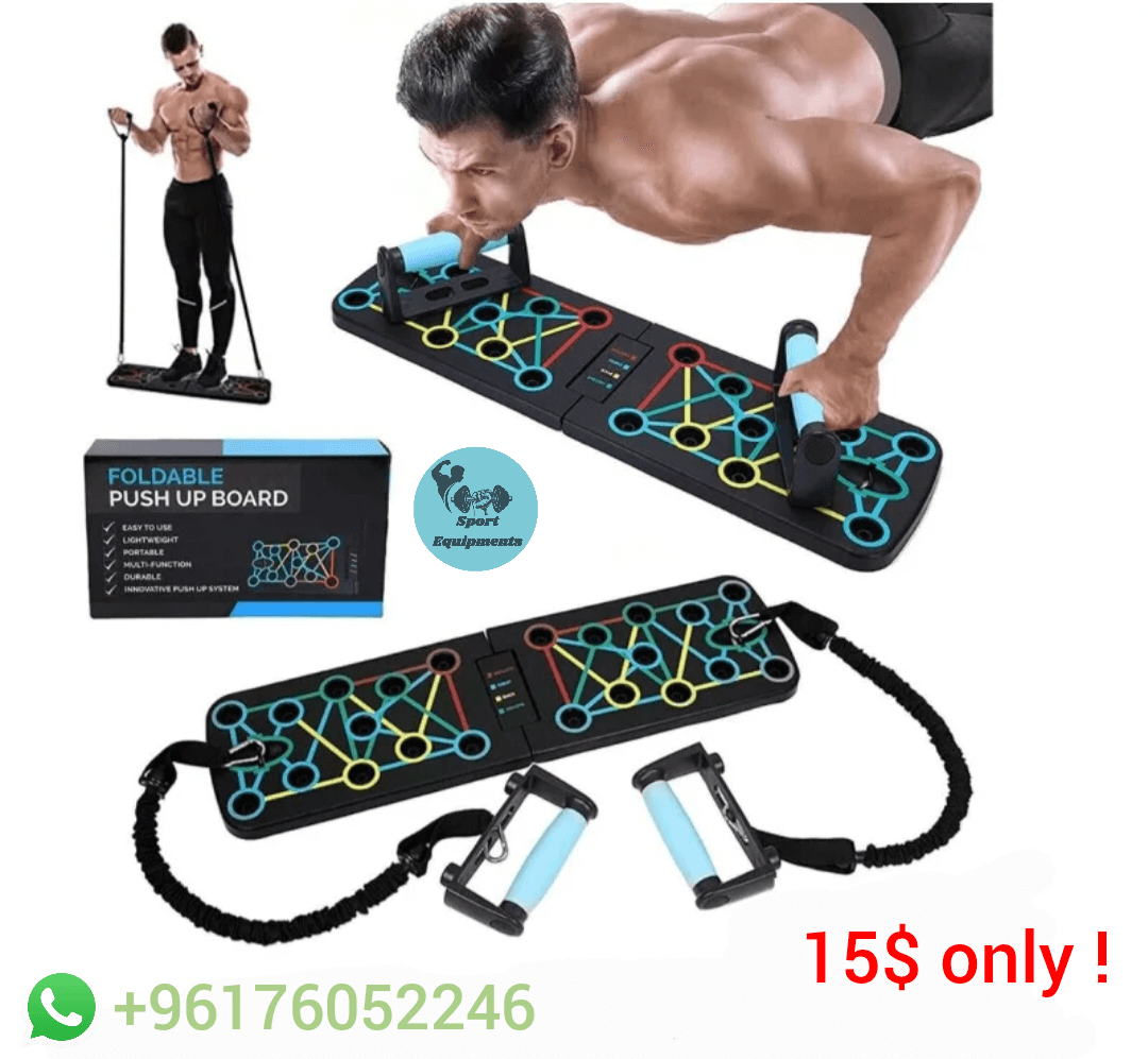Foldable push-up board with resistance bands and a man using it, promotional text overlay.