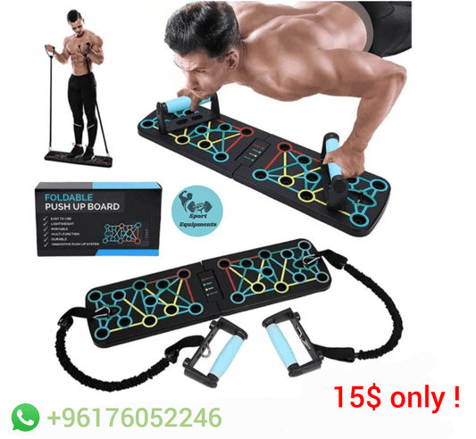 Foldable push-up board with resistance bands and a man using it, promotional text overlay.