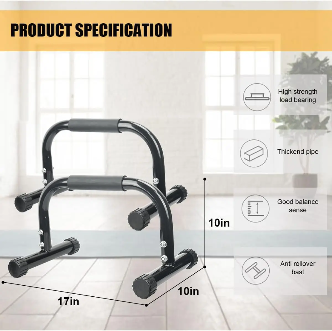 Black push up bars with measurements on a white floor and window background